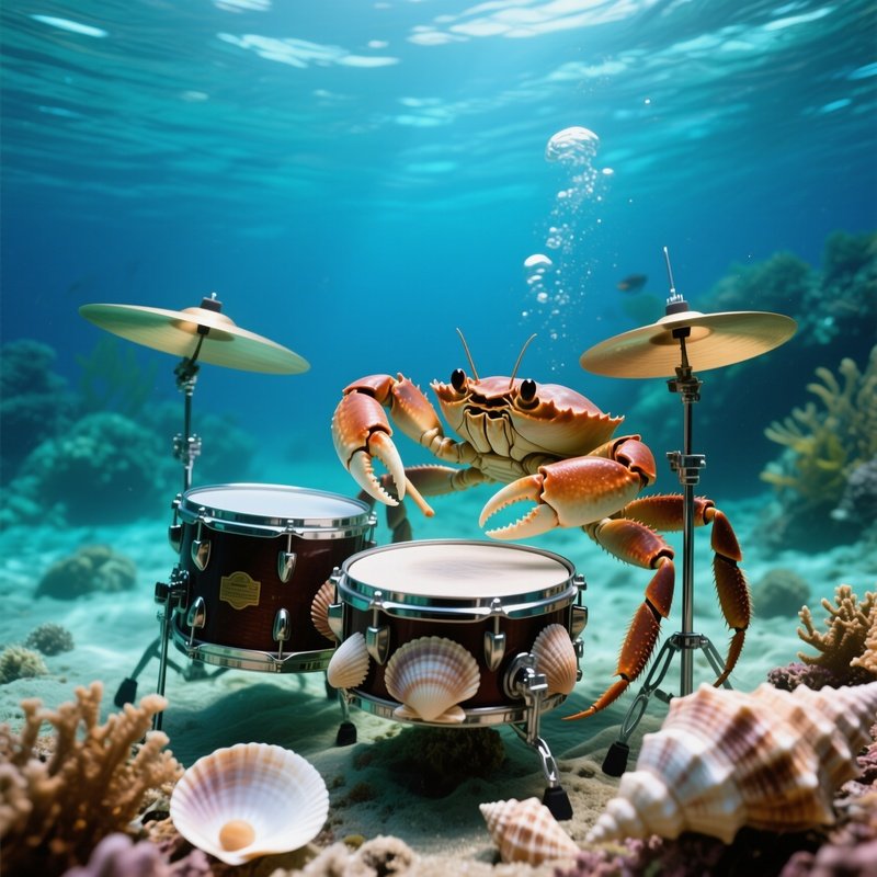 Crab Playing Drum On Seashells Underwater Realism