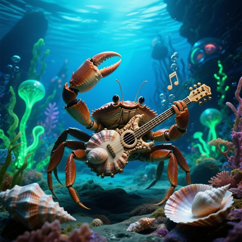 Crab Playing Drum On Seashells Underwater Science Fiction