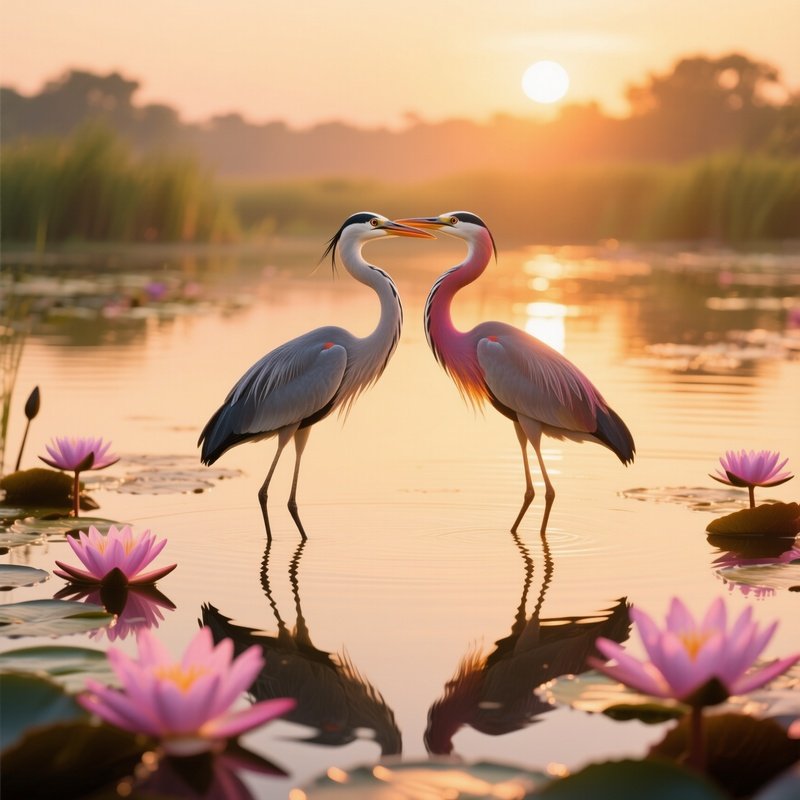 Crane Heron Kiss At Sunrise