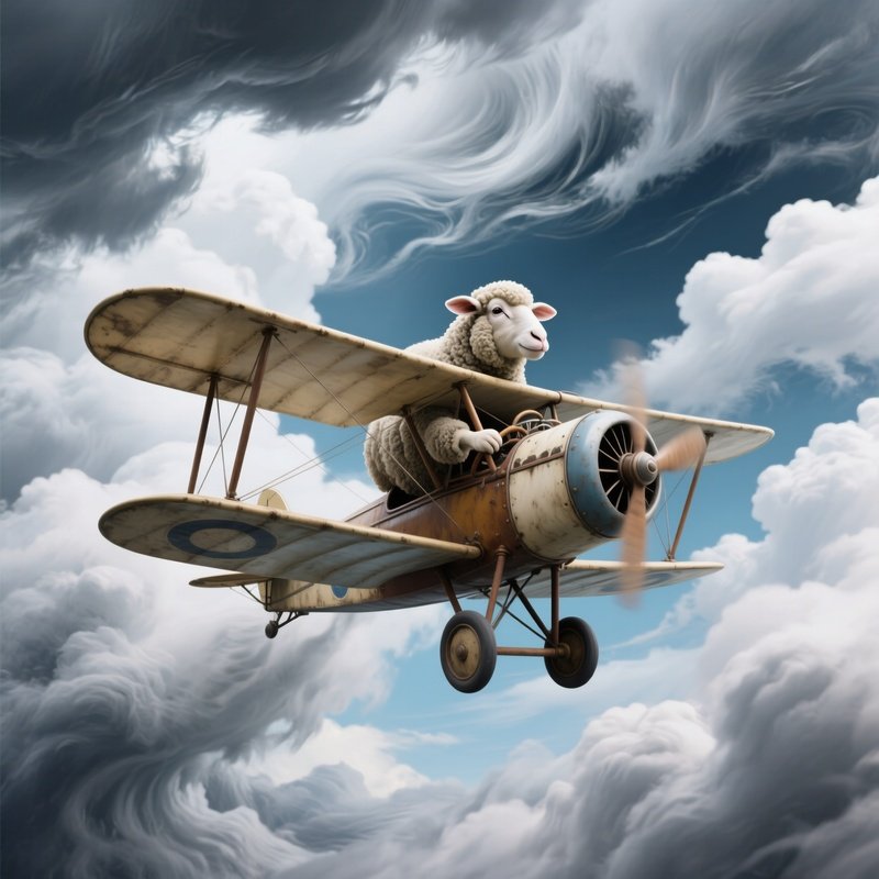 Crazy Animal Biplane Sheep Flying Storm Clouds