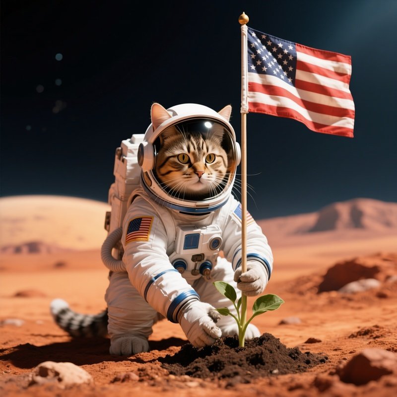 Crazy Animal Image A Cat Astronaut Planting Flag On Mars