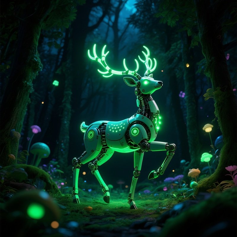 Crazy Animal Image A Deer Robot Glowing In The Dark Forest