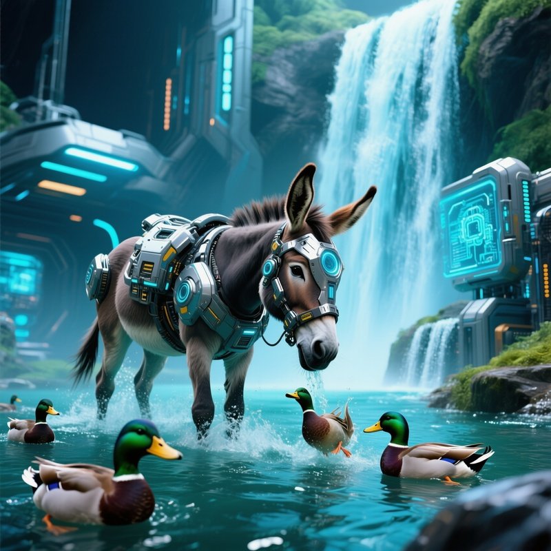 Crazy Animal Image Donkey Superhero Saving Ducks From Waterfall Science Fiction