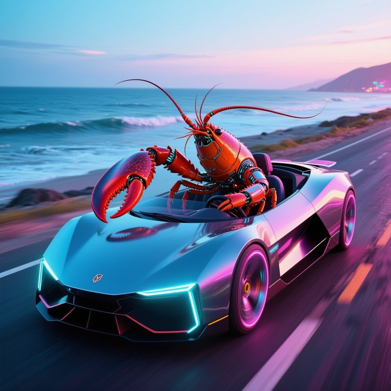 Crazy Animal Image Lobster Driving A Convertible Along The Coast Science Fiction