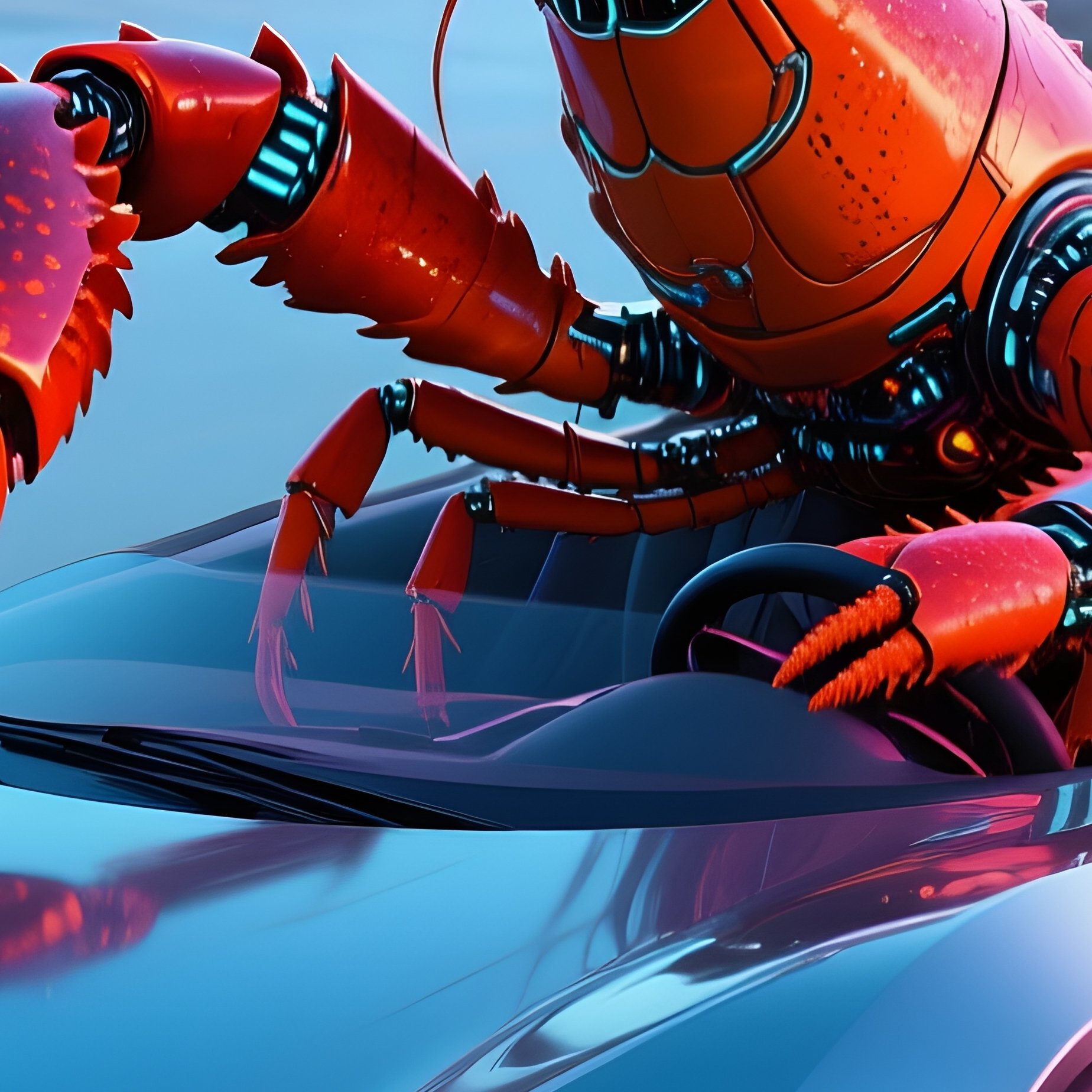Crazy Animal Image Lobster Driving A Convertible Along The Coast Science Fiction - Full Resolution Quality Preview