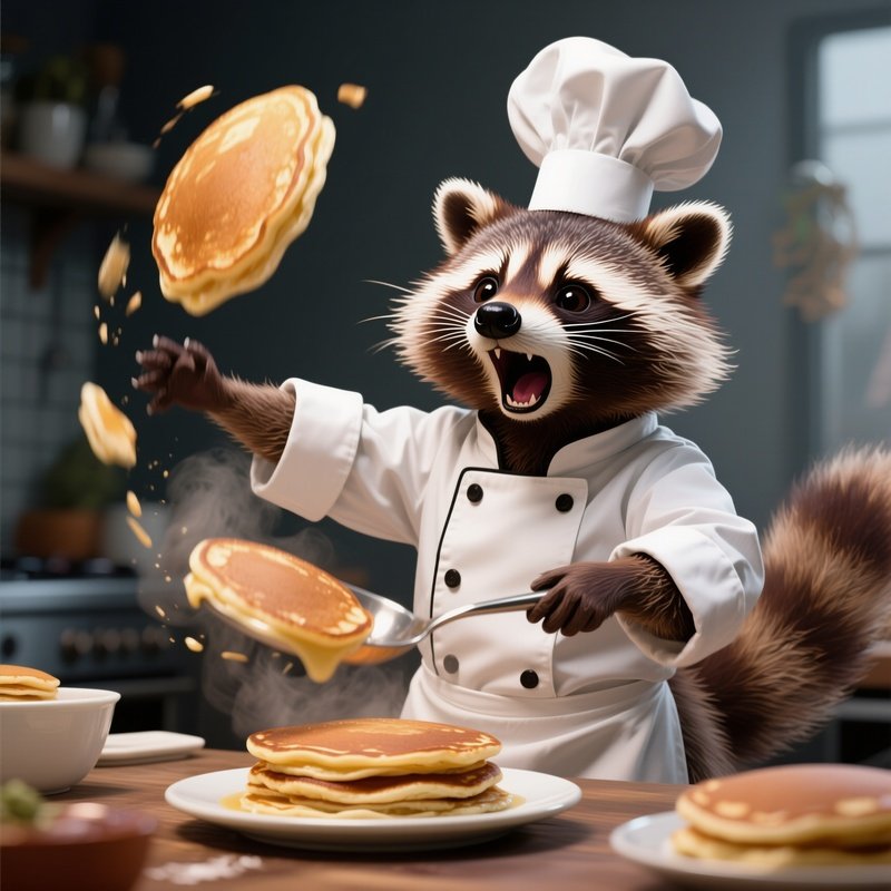 Crazy Animal Image Raccoon Chef Flipping Pancakes Zero Gravity