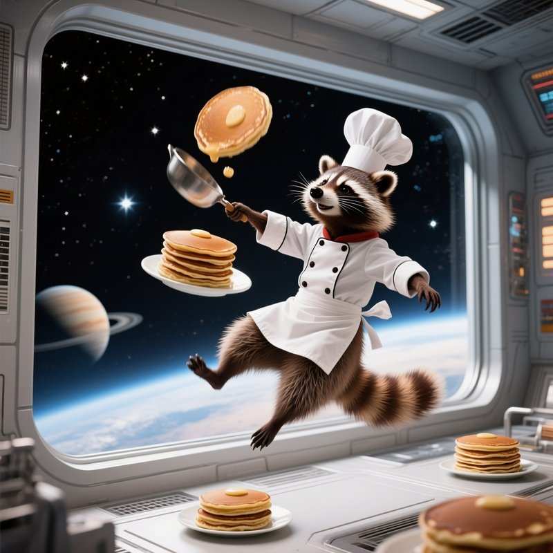 Crazy Animal Image Raccoon Chef Flipping Pancakes Zero Gravity