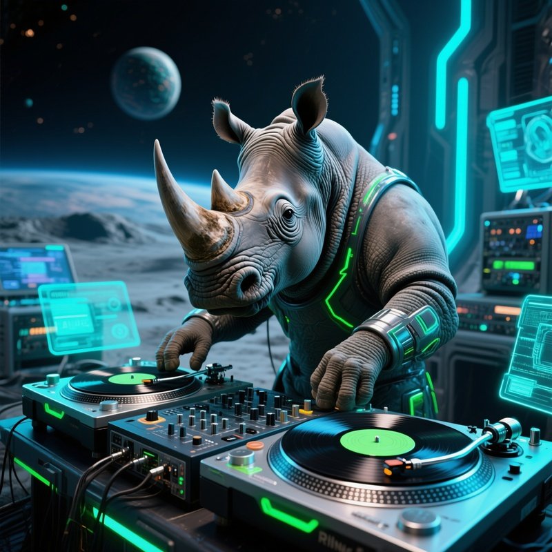 Crazy Animal Rhino Dj Spinning Stone Records Concept Art