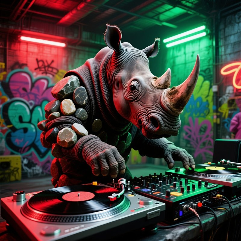 Crazy Animal Rhino Dj Spinning Stone Records