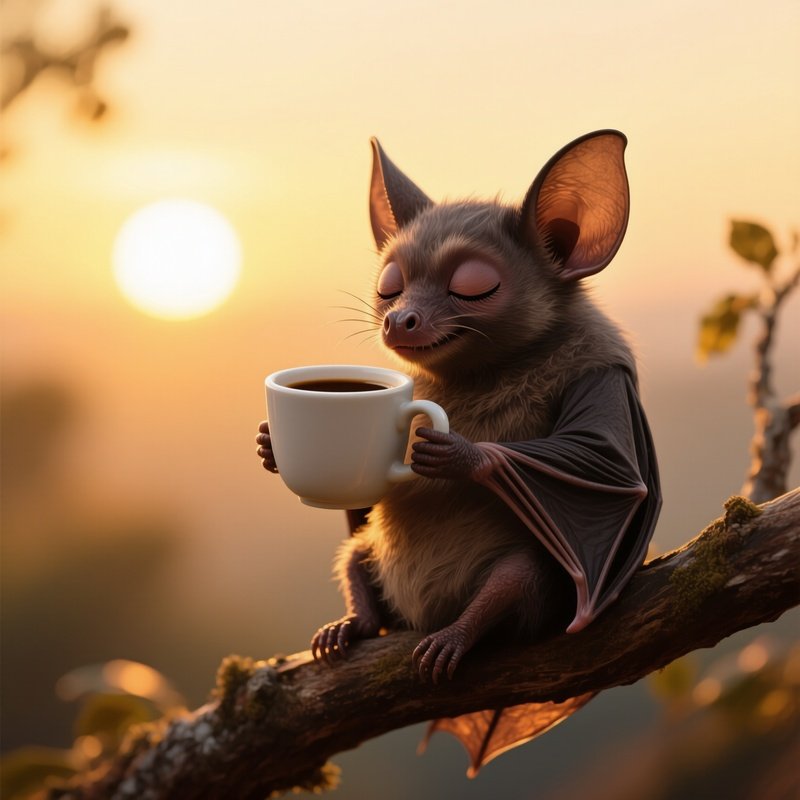 Crazy Bat Sipping Coffee At Sunrise