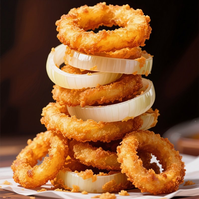 Crispy Onion Rings Towering Stack Fried Golden Brown Thick Paint