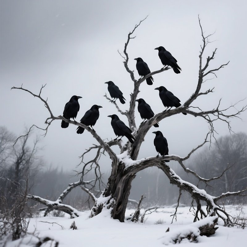 Crow Gathering Murder Of Crows On Dead Tree Winter Gothic Atmosphere