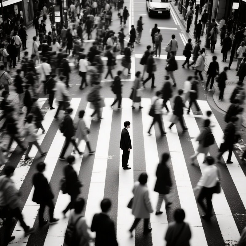 Crowd: A High Angle Shot Of A Busy Pedestrian Crossing In Tokyo, With One Person Standing Still In Color While The Crowd Is Blurred And Black And White.