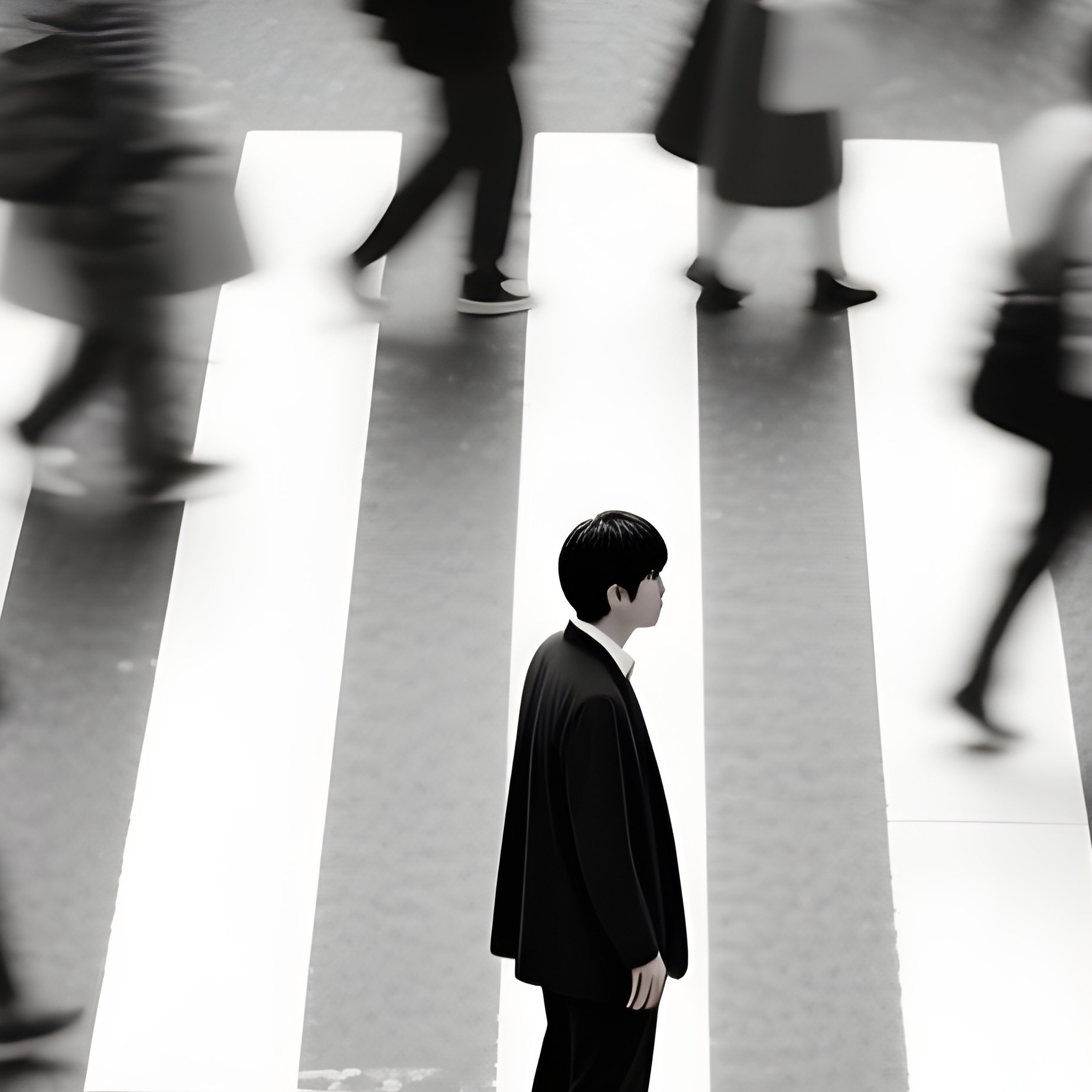 Crowd: A High Angle Shot Of A Busy Pedestrian Crossing In Tokyo, With One Person Standing Still In Color While The Crowd Is Blurred And Black And White. - Full Resolution Quality Preview