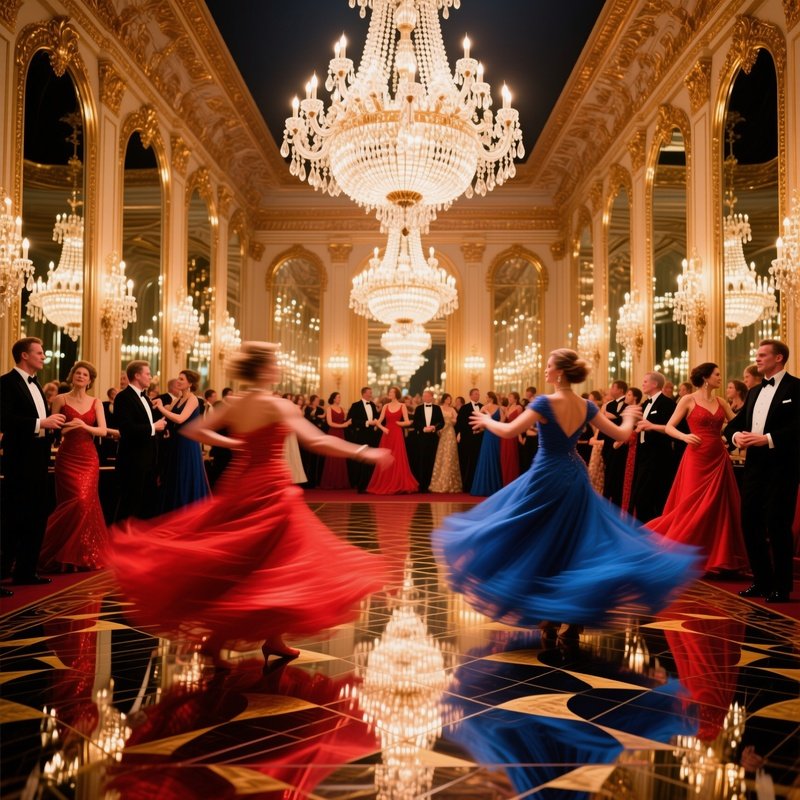 Crowded Ballroom Gala Under Crystal Chandeliers