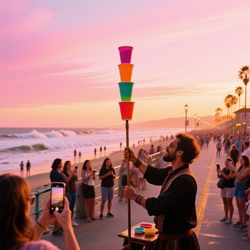 Crowded Beach Boardwalk California Sunset