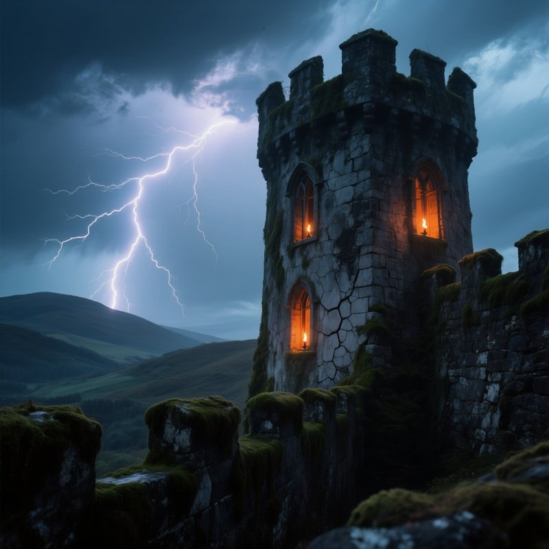 Crumbling Medieval Castle Tower Under Stormy Sky