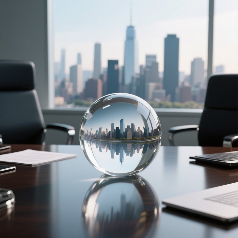 Crystal Ball: A Clear Glass Sphere On An Executive Desk, Refracting The Inverted Image Of A City Skyline, Symbolizing Market Prediction.