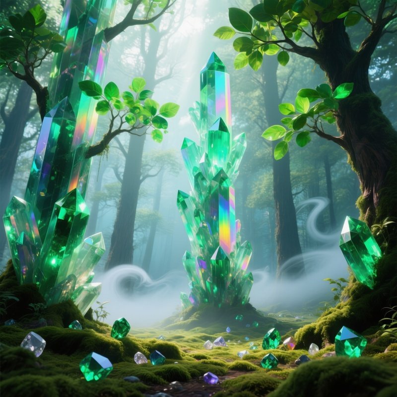 Crystal Forest Transparent Quartz Trees Emerald Leaves
