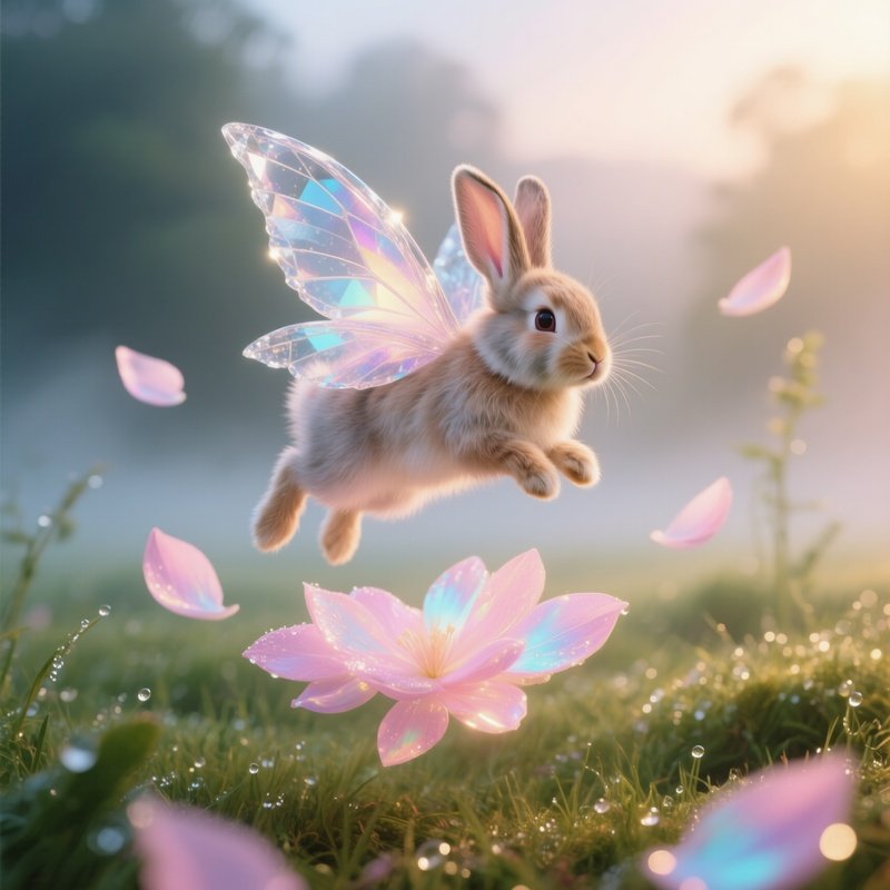Crystal Winged Bunny Hopping On Floating Petals