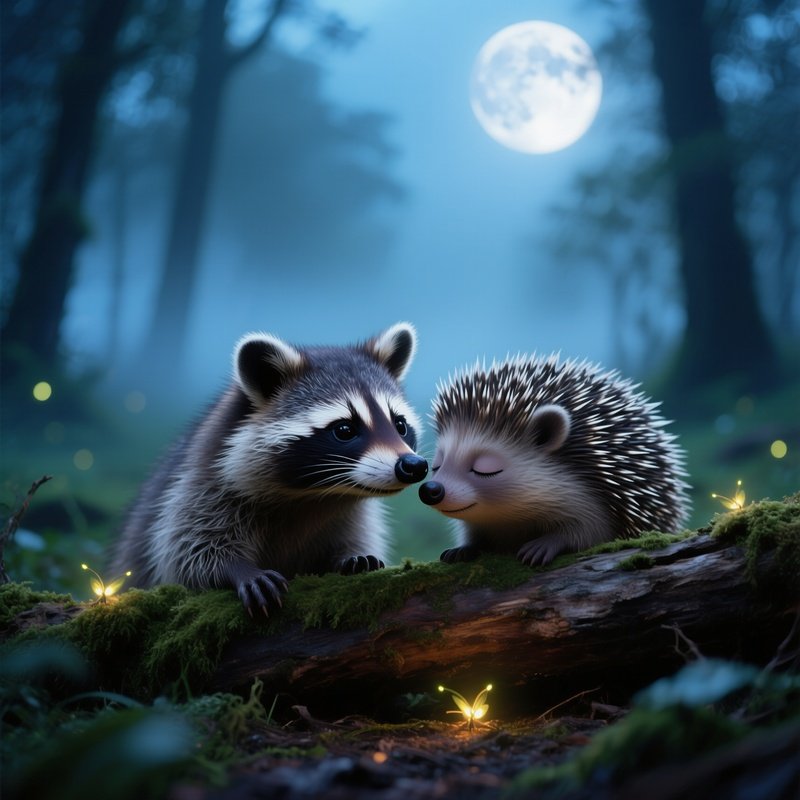 Curious Raccoon And Shy Porcupine Kiss On Fallen Log Fireflies Moonlit Forest
