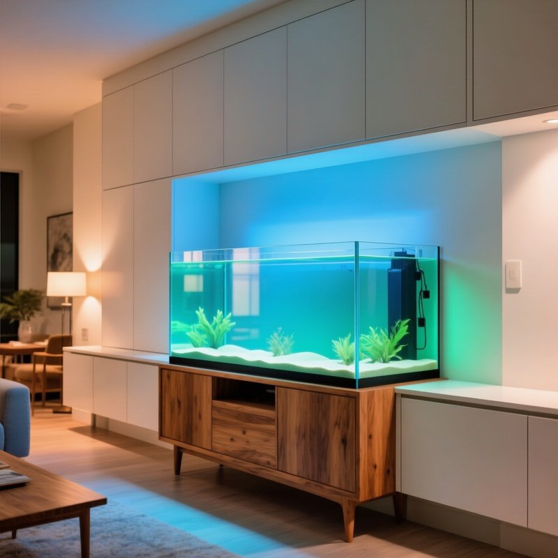 Custom Built Cabinet Stand Supporting Large Glowing Freshwater Aquarium Integrated Seamlessly Into Living Room Wall Unit