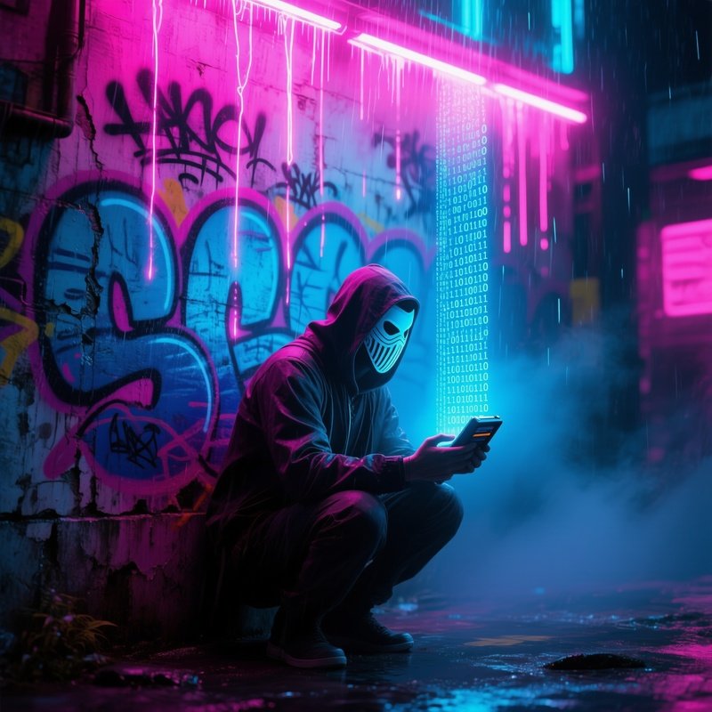 Cyberpunk Alleyway Neon Rain Mask Terminal