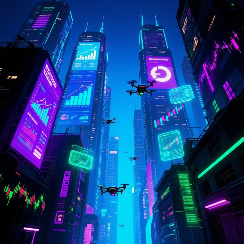 Cyberpunk Trading Giant Moving Stock Tickers Cityscape
