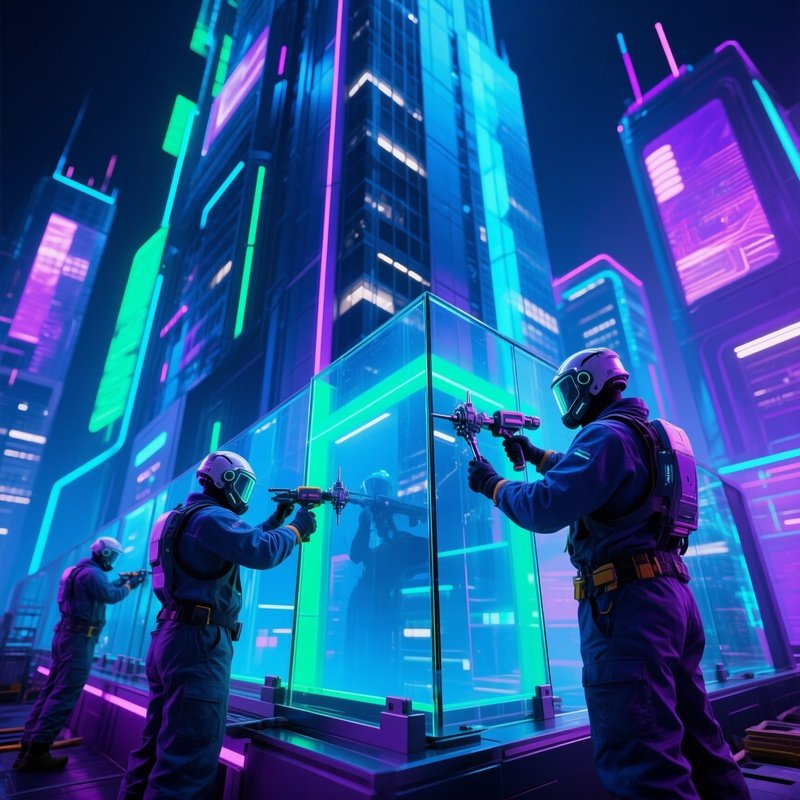 Cyberpunk Workers Installing Glass Panels Modern Office Tower