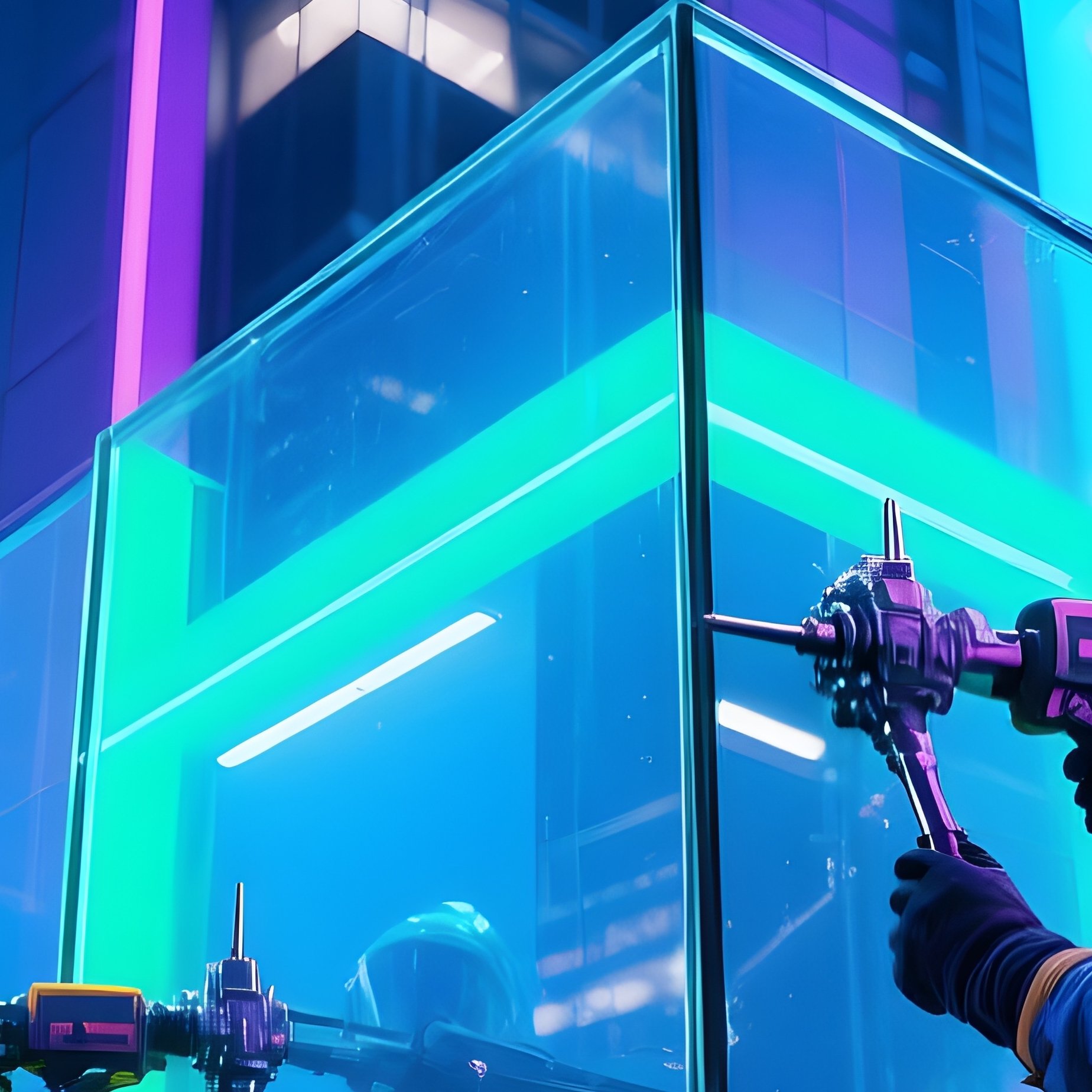 Cyberpunk Workers Installing Glass Panels Modern Office Tower - Full Resolution Quality Preview