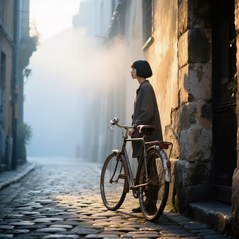Cyclist With Vintage Bicycle On Cobblestone Street