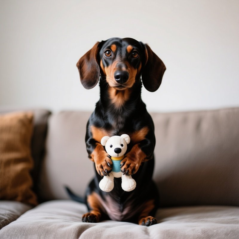 Dachshund Posing With Toy On Sofa