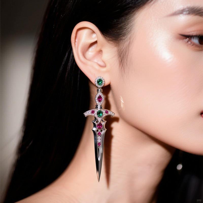 Dagger Earring Single Long Jeweled Dagger