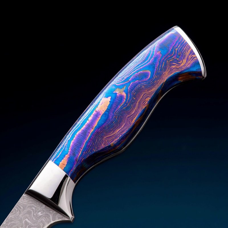 Damascus Titanium Knife Handle Blue Purple Orange