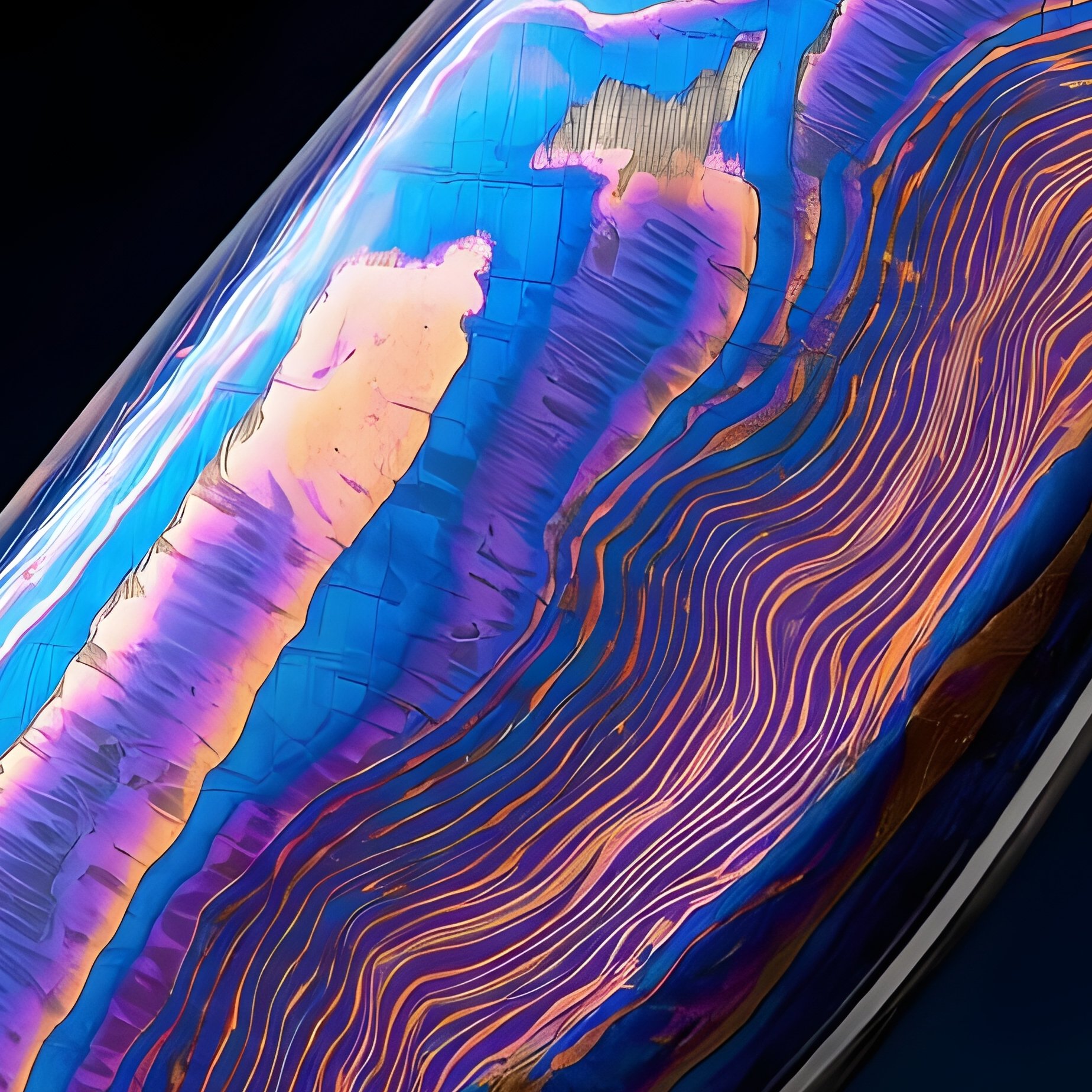 Damascus Titanium Knife Handle Blue Purple Orange - Full Resolution Quality Preview