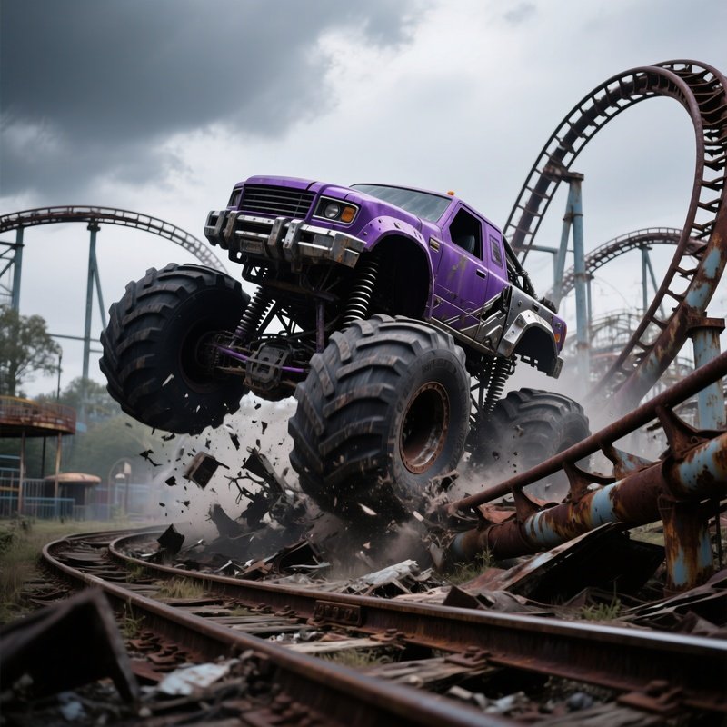 Dark Purple Monster Truck Over Abandoned Roller Coaster