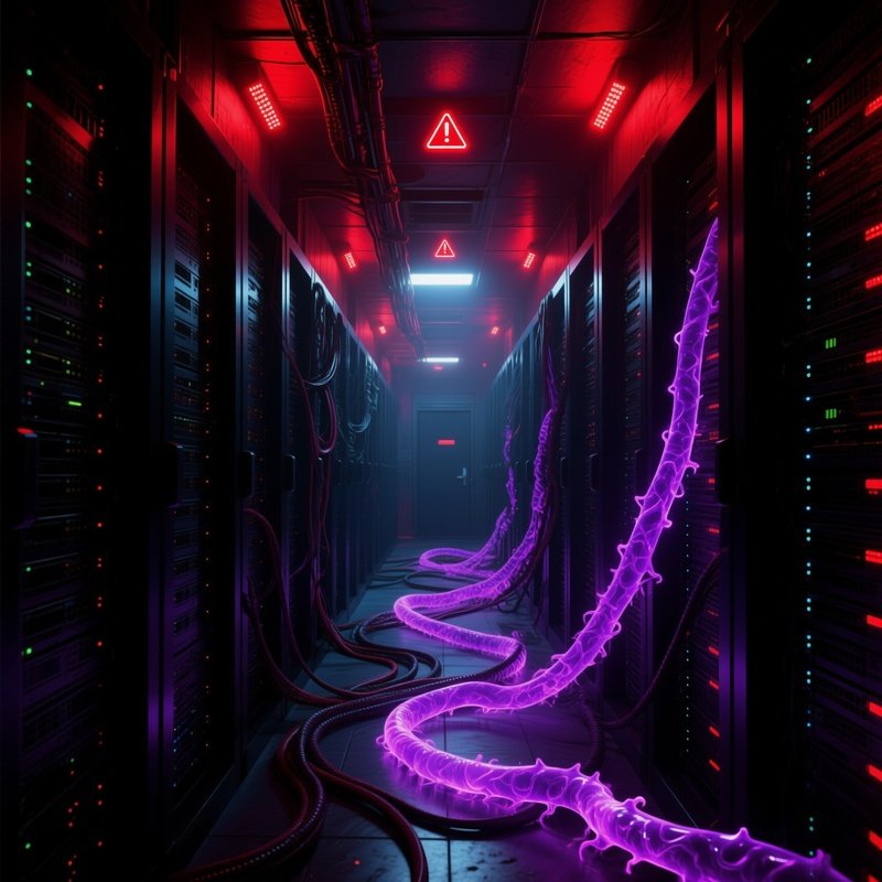 Dark Server Farm Corridor With Virus Tendrils