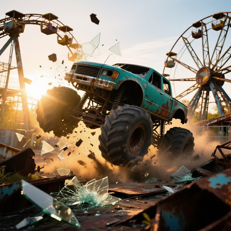 Dark Teal Monster Truck Crashes Through Abandoned Amusement Park Ride At Sunrise