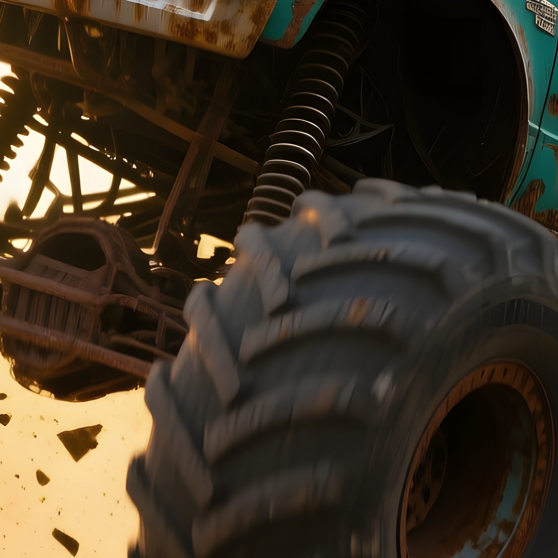 Dark Teal Monster Truck Crashes Through Abandoned Amusement Park Ride At Sunrise - Full Resolution Quality Preview