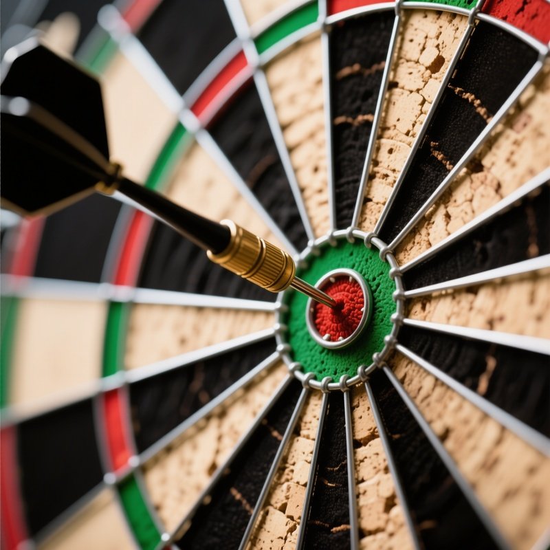 Dartboard: A Close Up Of A Dart Hitting The Exact Center Of A Cork Bullseye, Split Second Freeze Frame, Symbolizing Precision And Hitting Targets.