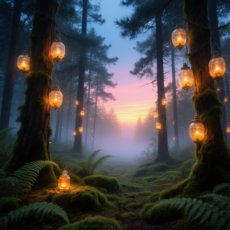Dawn Magical Pine Forest Lanterns