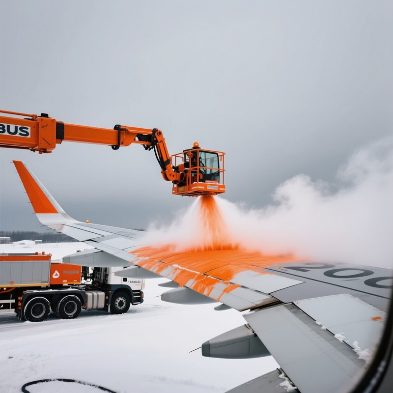 De Icing Operations Cherry Picker Airbus A320 Snowy Day