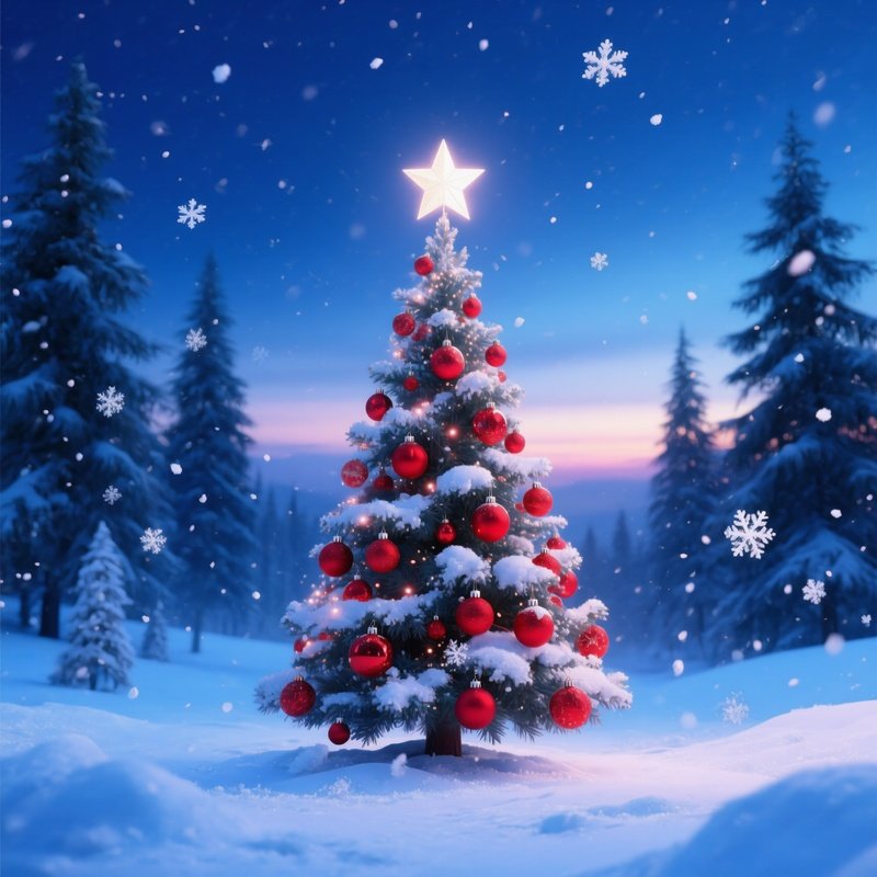 Decorated Christmas Tree In A Snowy Landscape Christmas Winter