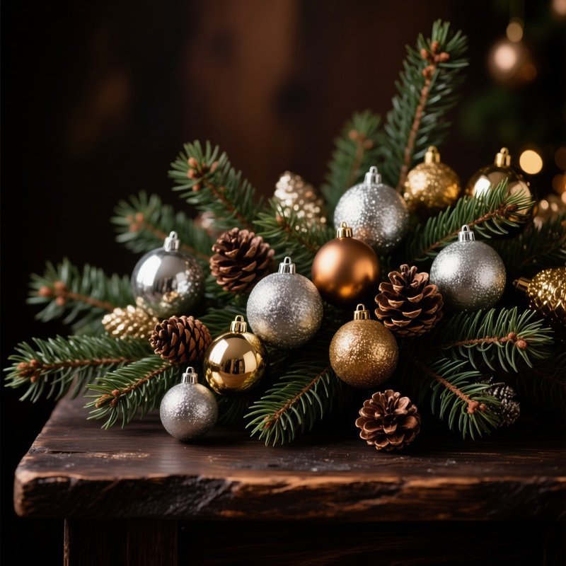 Decorative Arrangement Of Pine Branches And Ornaments Christmas