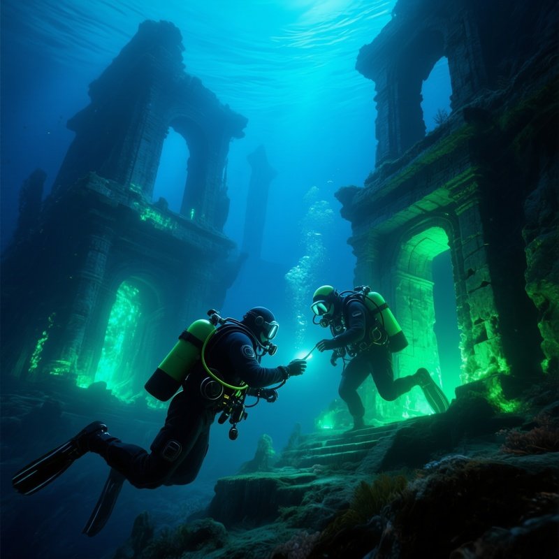 Deep Sea Explorer Discovering Glowing Ruins