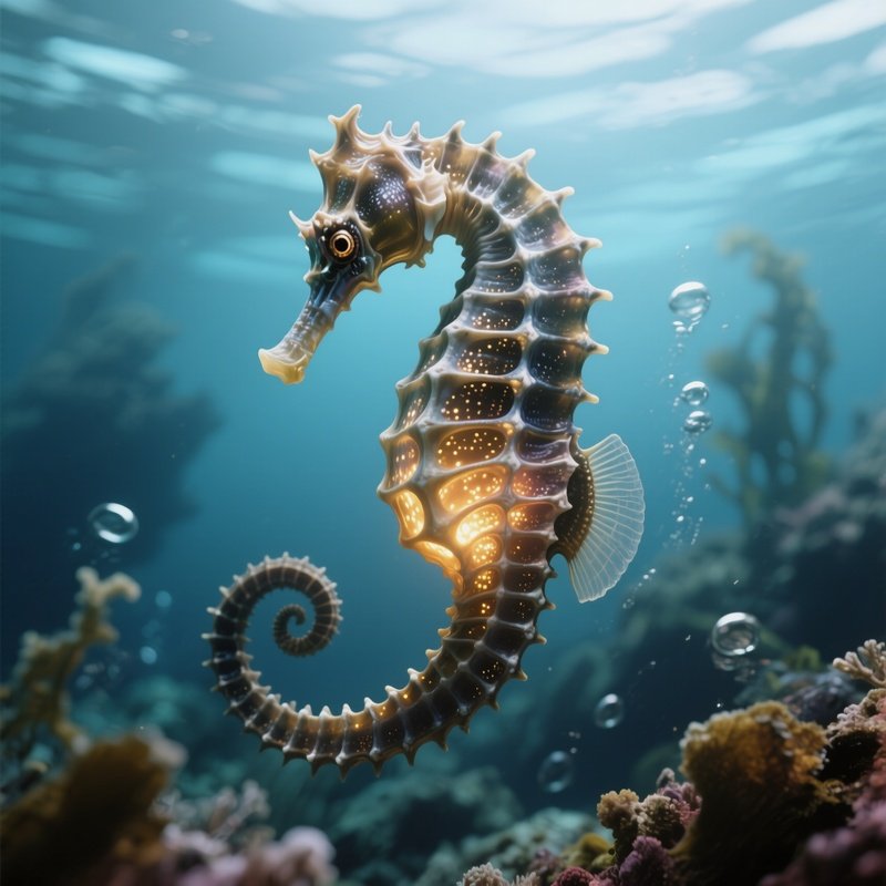 Deepwater Seahorse – Delicate Glowing Belly Beneath A Bony Frame.