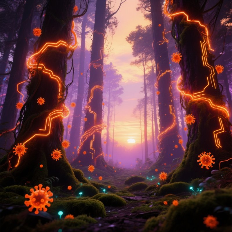 Dense Forest At Sunrise With Luminous Circuit Vines Infected By Orange Virus Spores