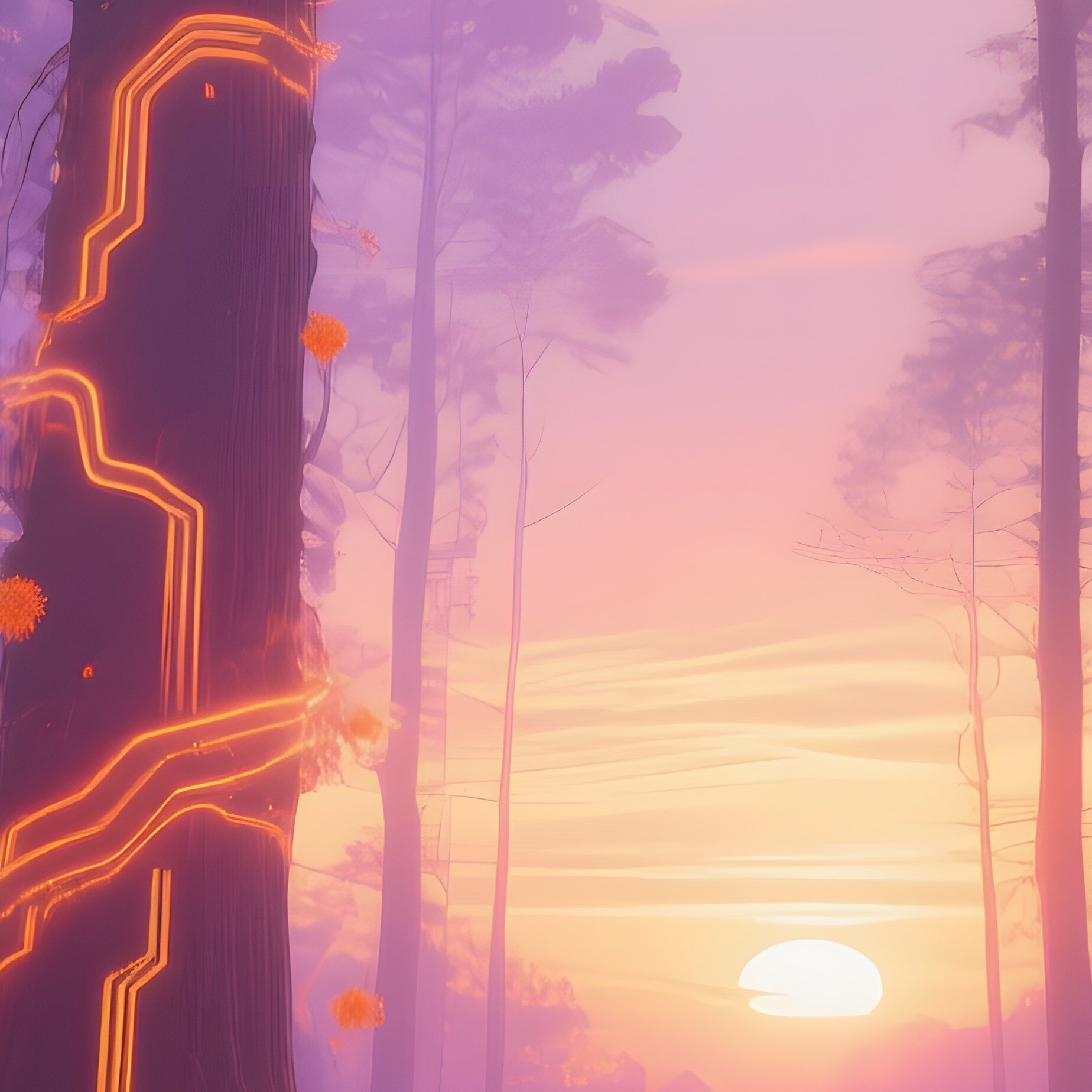 Dense Forest At Sunrise With Luminous Circuit Vines Infected By Orange Virus Spores - Full Resolution Quality Preview