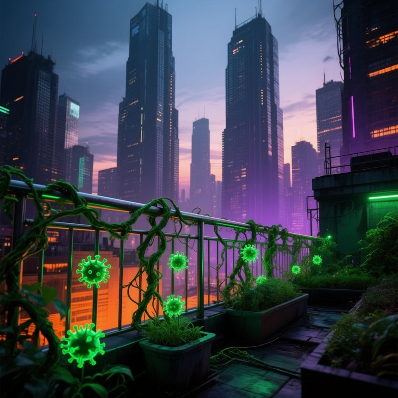 Dense Urban Rooftop Garden At Twilight With Virus Vines