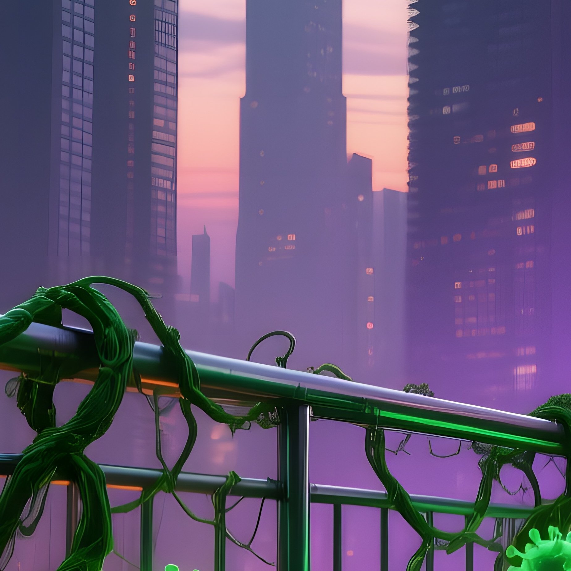 Dense Urban Rooftop Garden At Twilight With Virus Vines - Full Resolution Quality Preview
